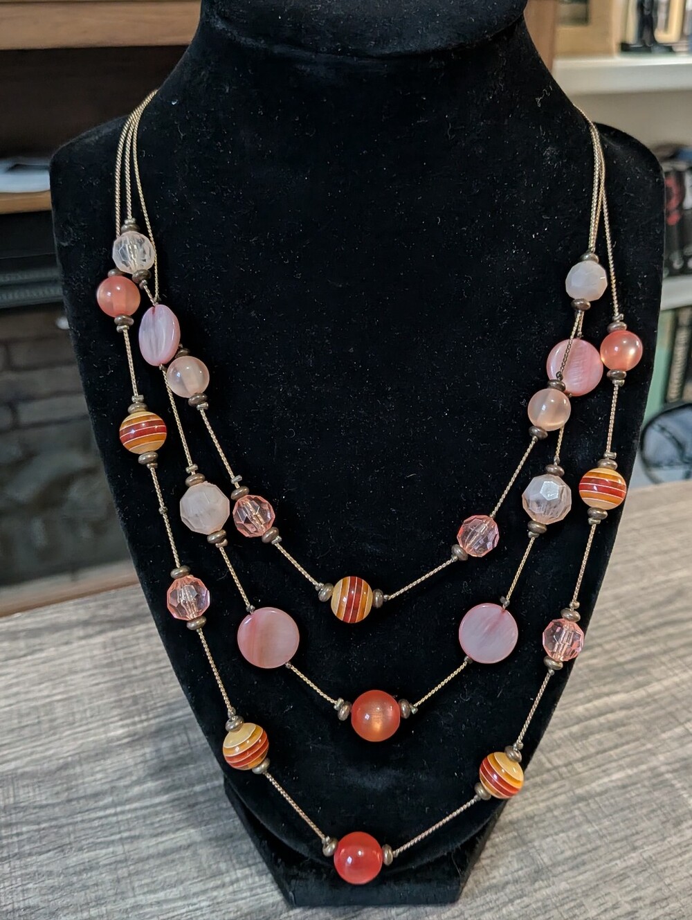 Multi-Strand Pink Red Orange Beaded Necklace